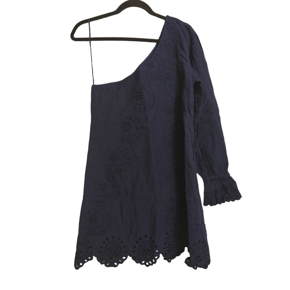Hill House The Mila Dress Navy Linen Blend One Shoulder Eyelet Long Sleeve M New